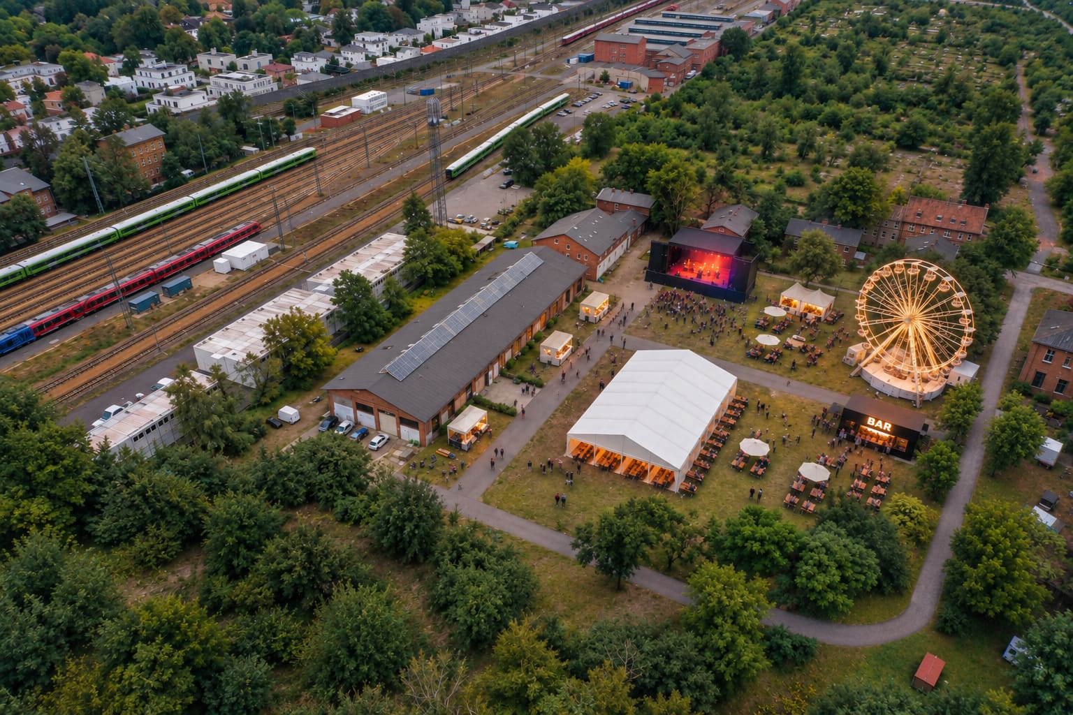 Aerial view of the funfair on the Cordeshof grounds, with Ferris wheel
